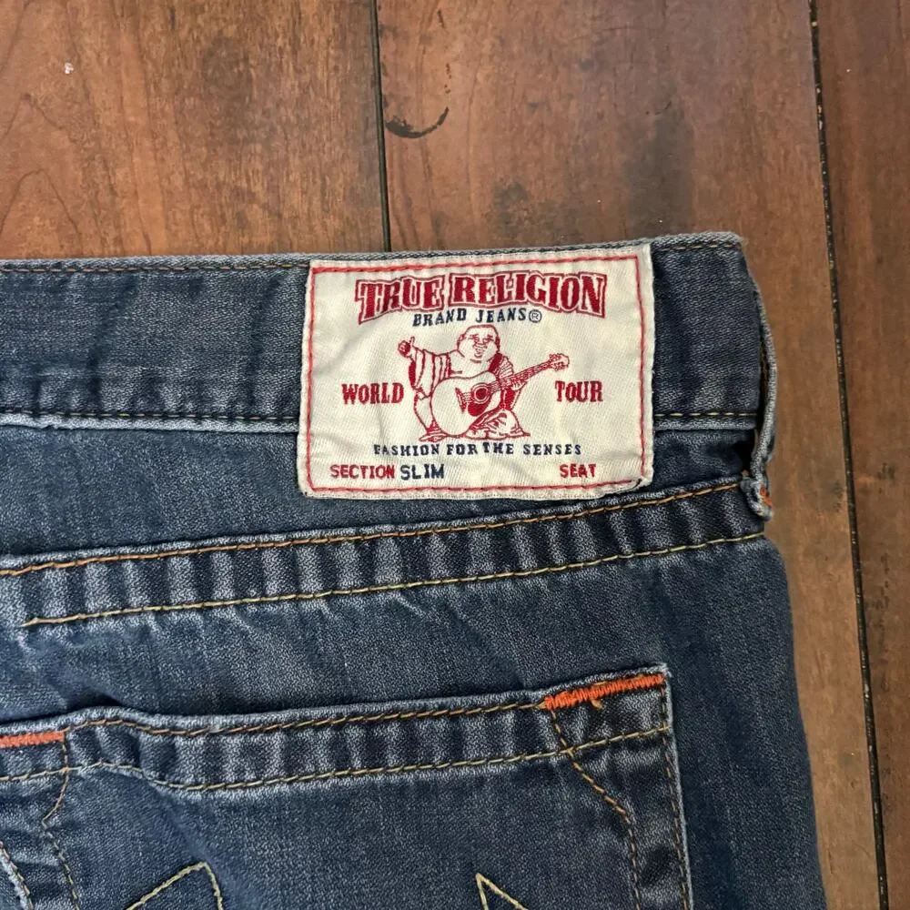 True Religion Jeans Mens 38x32 Blue Slim Fit Streetwear Faded Distressed